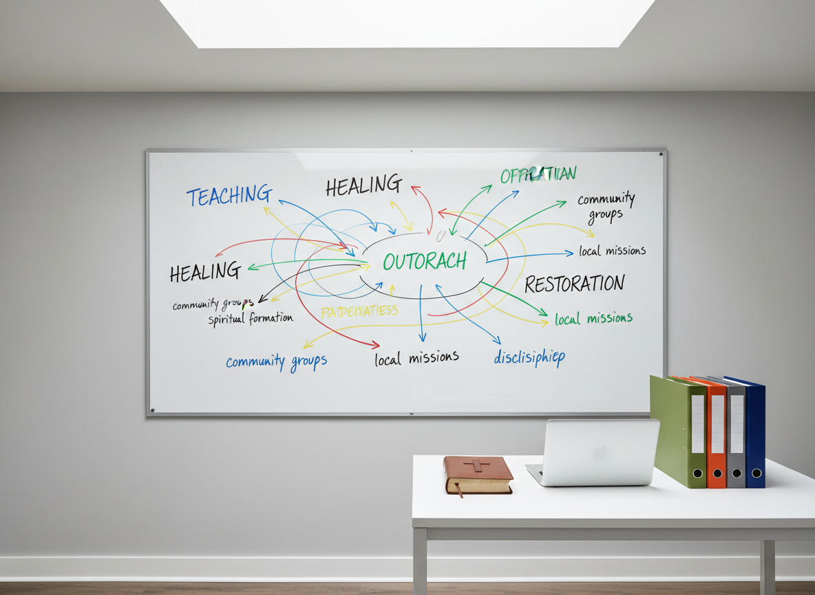 A modern ministry planning space with a large whiteboard mounted on a light gray wall, filled with neatly handwritten words like “teaching,” “healing,” “outreach,” and “restoration,” all connected by clean, colorful lines and arrows. On a nearby minimalist white table sit a closed Bible, a laptop, and an organized stack of folders in muted earth tones. Overhead, soft, even daylight from a skylight bathes the room, eliminating harsh shadows and giving everything a bright, professional look. Photographic realism with a wide-angle, eye-level composition and sharp focus throughout conveys clarity, organization, and purpose, reflecting a Christ-centered ministry that is intentional and well-structured.