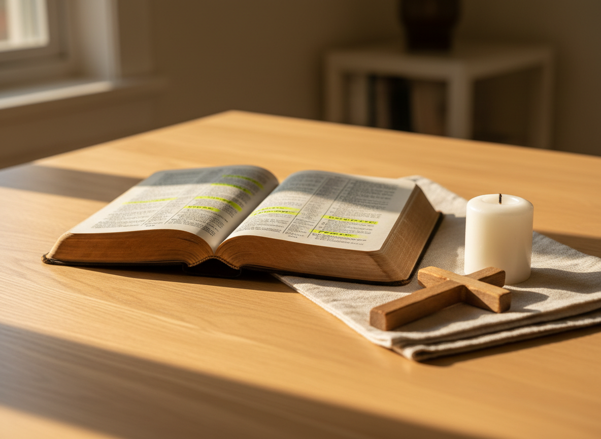 A well-worn leather Bible lying open to a page with highlighted verses about hope and restoration, resting on a smooth, light oak table. A simple wooden cross and a small, unlit white pillar candle sit nearby, with a soft, folded linen cloth underneath. Warm late-afternoon sunlight streams in from the left through an unseen window, casting gentle, elongated shadows and illuminating the delicate texture of the thin pages. Photographic realism at eye level, with a shallow depth of field that keeps the Bible in sharp focus while the background softly blurs, creating a calm, reverent atmosphere that feels welcoming and contemplative.