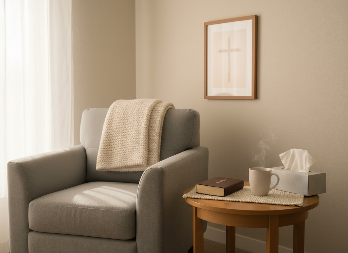 A comforting healing-themed scene with a light gray upholstered armchair beside a small, round wooden side table. On the table rests a closed Bible, a ceramic mug of herbal tea with faint steam rising, and a box of neatly arranged tissues, all on a woven fabric placemat. Behind the chair, a soft cream-colored throw blanket hangs over the back, and a simple framed print of a subtle cross shape hangs on the wall. Natural, diffused daylight enters from a large window off-frame, casting soft shadows and a gentle glow. Photographic realism at a slightly angled, mid-distance view emphasizes warmth, safety, and emotional support, suggesting a place for Christ-centered counseling and listening.
