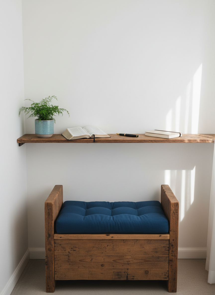 A peaceful prayer corner featuring a rustic wooden kneeler with a padded, deep-blue fabric cushion, positioned in front of a plain white wall. A simple wooden shelf above holds a small open Bible, a journal, and a fountain pen, with a single green plant in a ceramic pot adding life and color. Soft morning light filters in from the right, diffused through sheer curtains outside the frame, creating gentle highlights on the wood grain and subtle shadows along the wall. Captured in photographic realism with a slightly elevated angle and balanced composition, the mood is serene, intimate, and reflective, suggesting a space set apart for quiet time with God.
